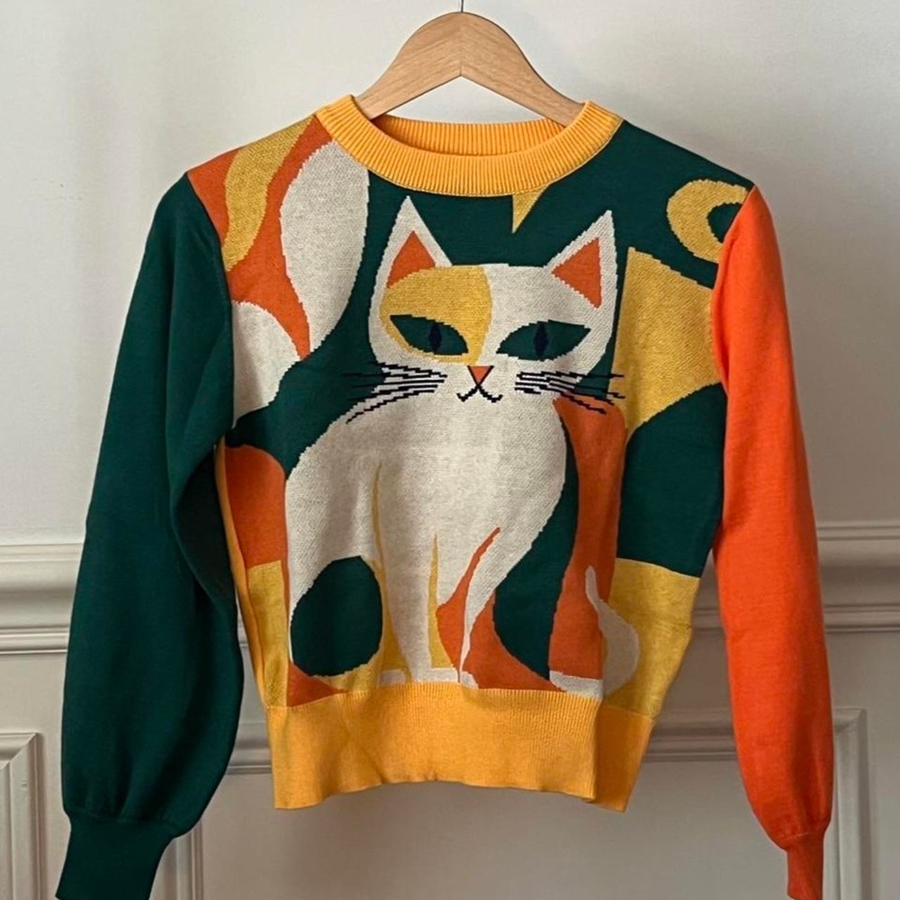 OXKnit NWT Abstract Cat Jacquard Sweater